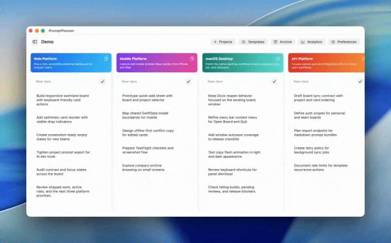 Animated PromptPlanner overview showing AI prompts organized across projects.