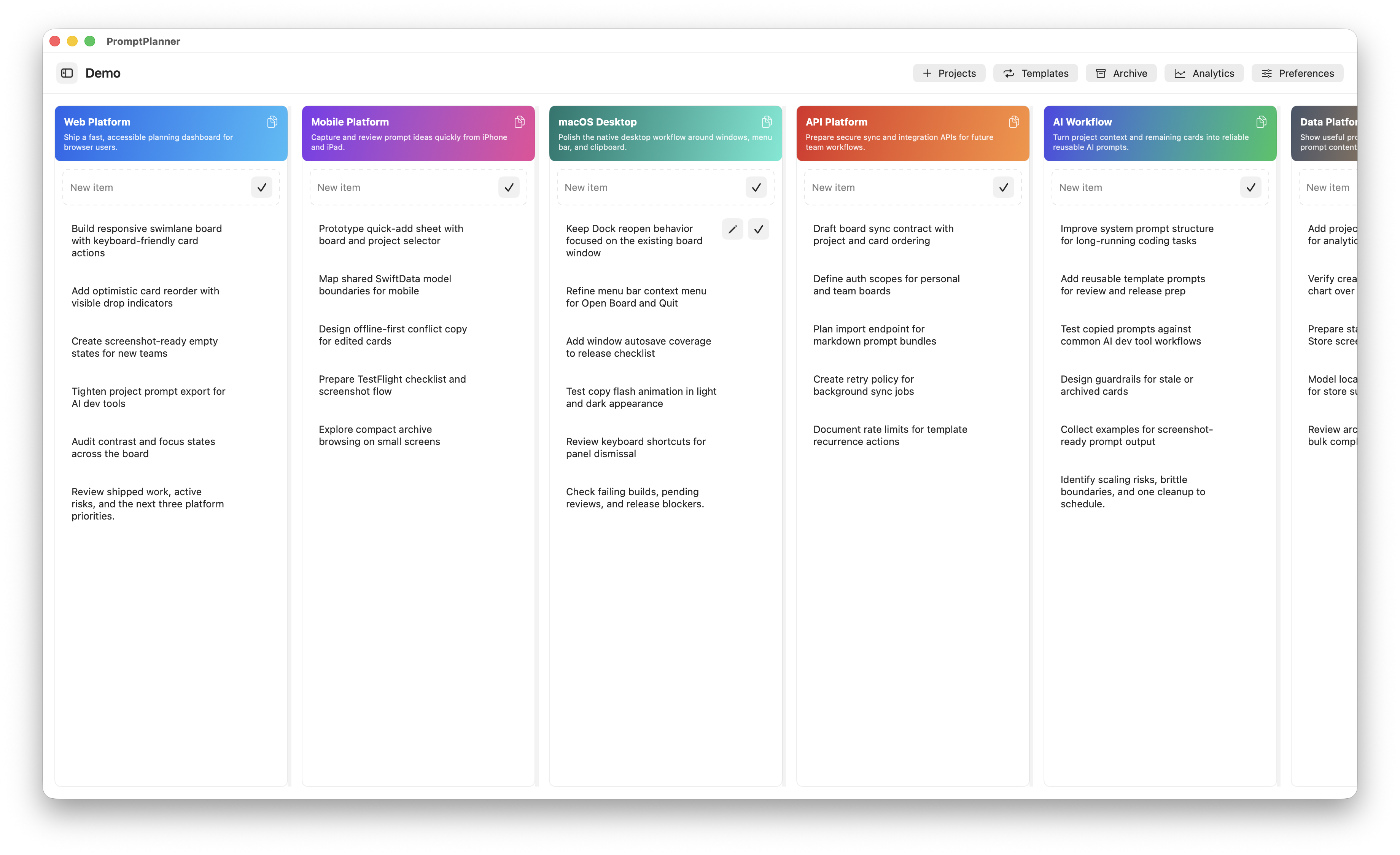 PromptPlanner board with multiple project lanes.