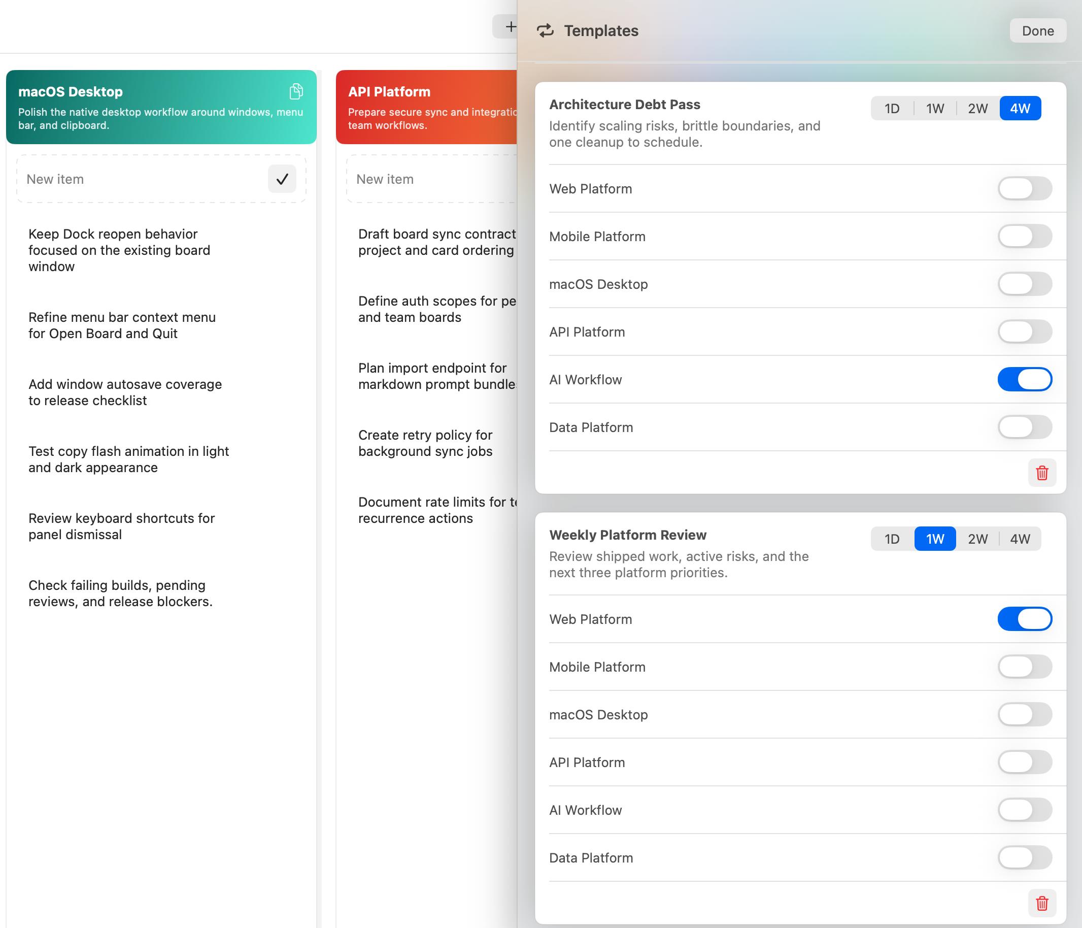PromptPlanner recurring templates panel.